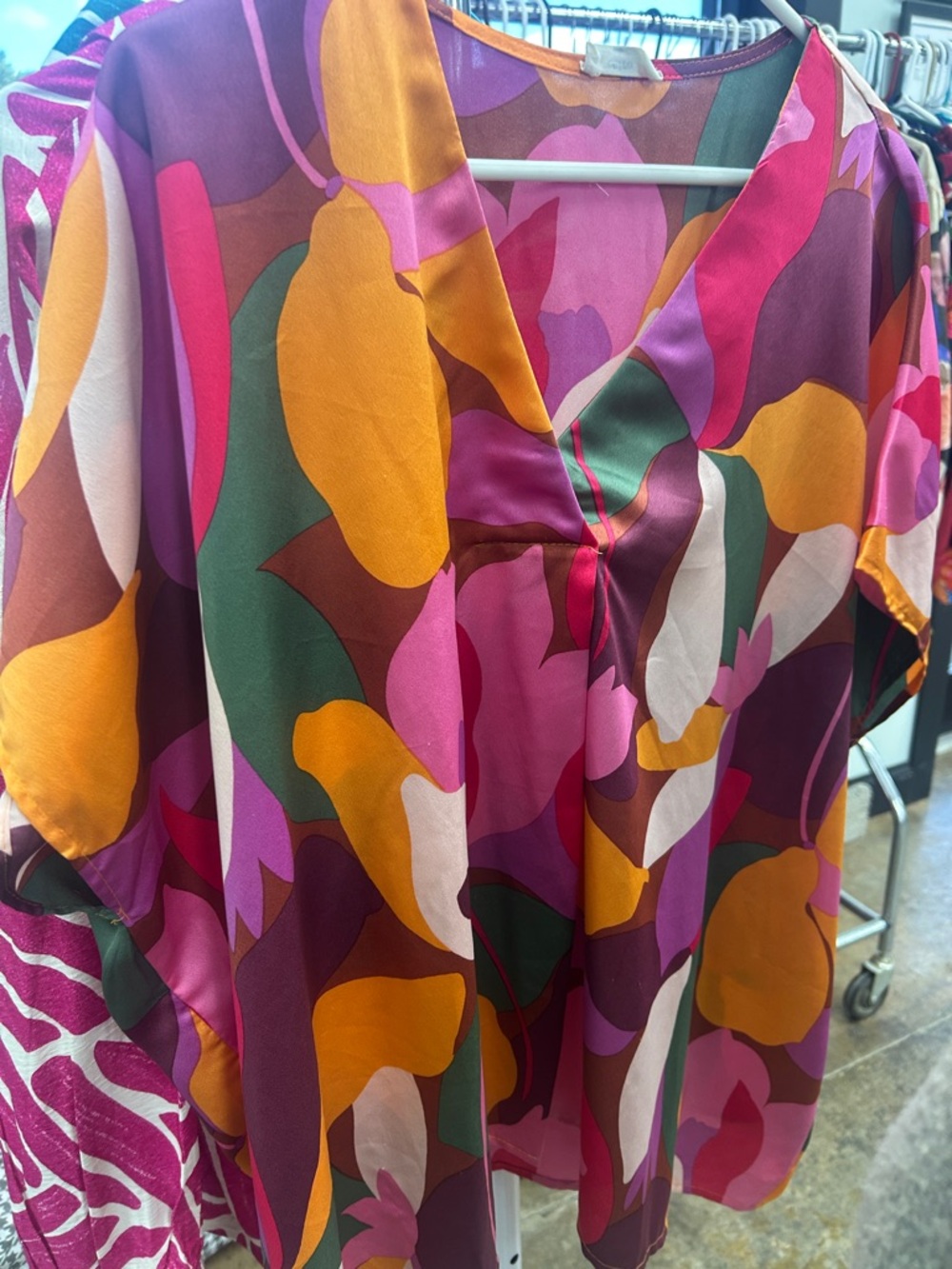entro Multicolor V-Neck Floral Blouse in Pink, Purple, Mustard & Green